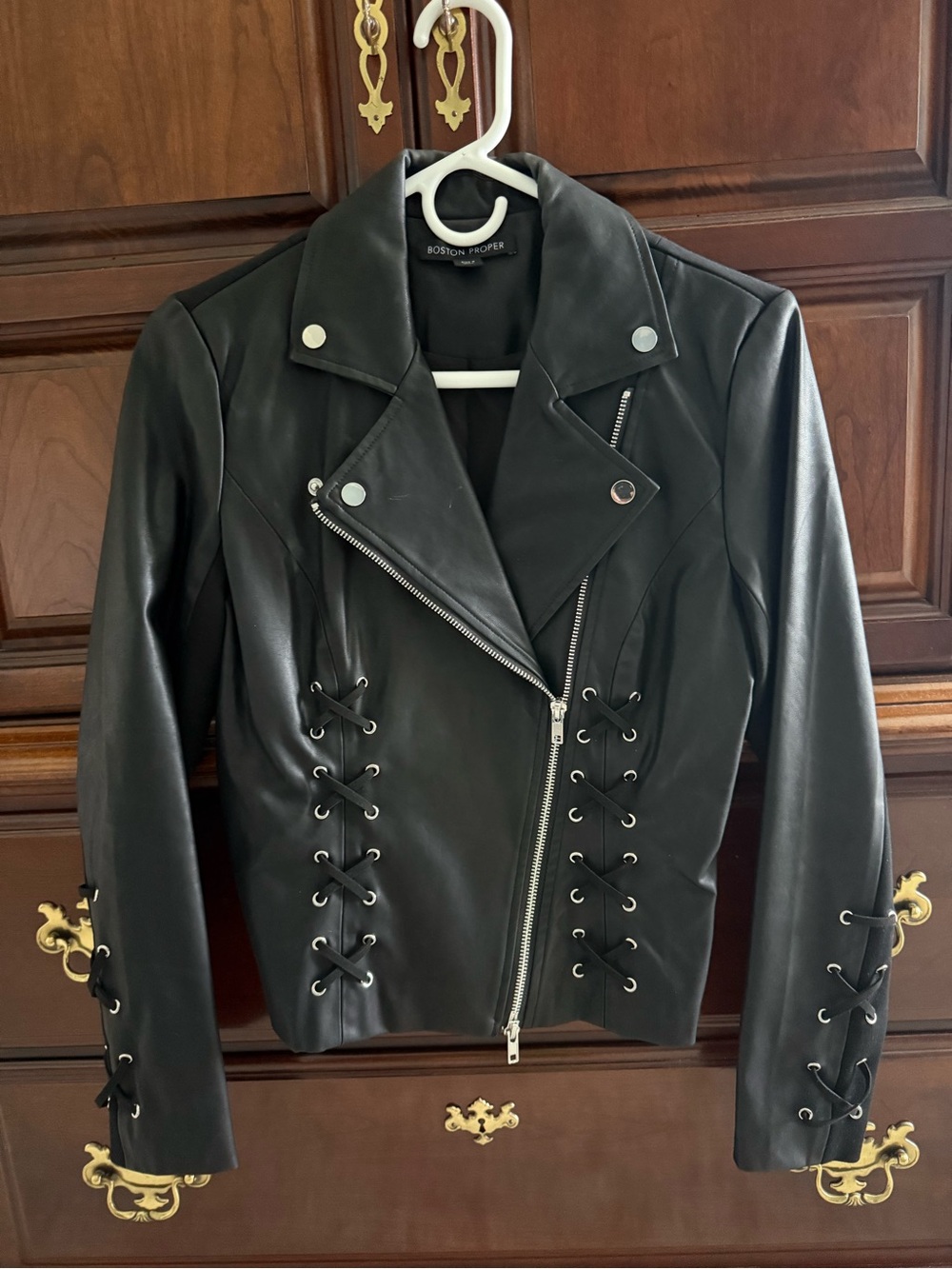 Boston Proper Black Faux Leather Lace-Up Moto Jacket with Asymmetrical Zip